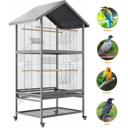 Bird Flight Cage, Wrought Iron Standing Large with Rolling Stand, Slide-Out Tray and Plastic Feeders for Cockatiels Pet Parrot Parakeet Lovebird Canary Finch