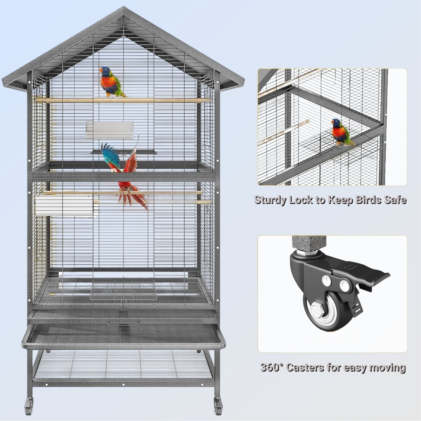 Bird Flight Cage, Wrought Iron Standing Large with Rolling Stand, Slide-Out Tray and Plastic Feeders for Cockatiels Pet Parrot Parakeet Lovebird Canary Finch