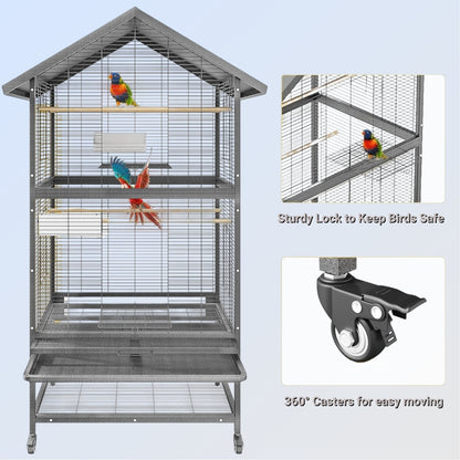 Bird Flight Cage, Wrought Iron Standing Large with Rolling Stand, Slide-Out Tray and Plastic Feeders for Cockatiels Pet Parrot Parakeet Lovebird Canary Finch