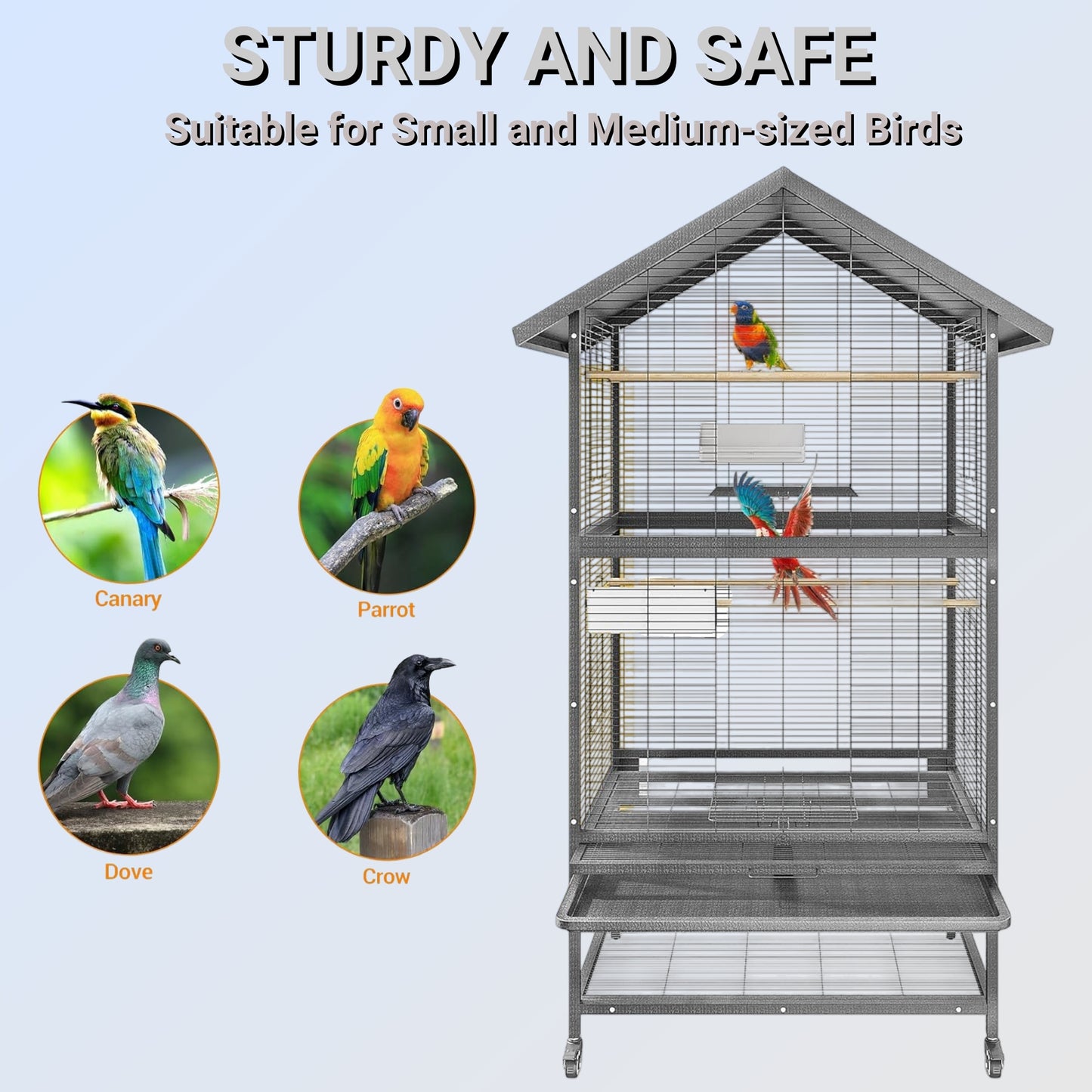 Bird Flight Cage, Wrought Iron Standing Large with Rolling Stand, Slide-Out Tray and Plastic Feeders for Cockatiels Pet Parrot Parakeet Lovebird Canary Finch