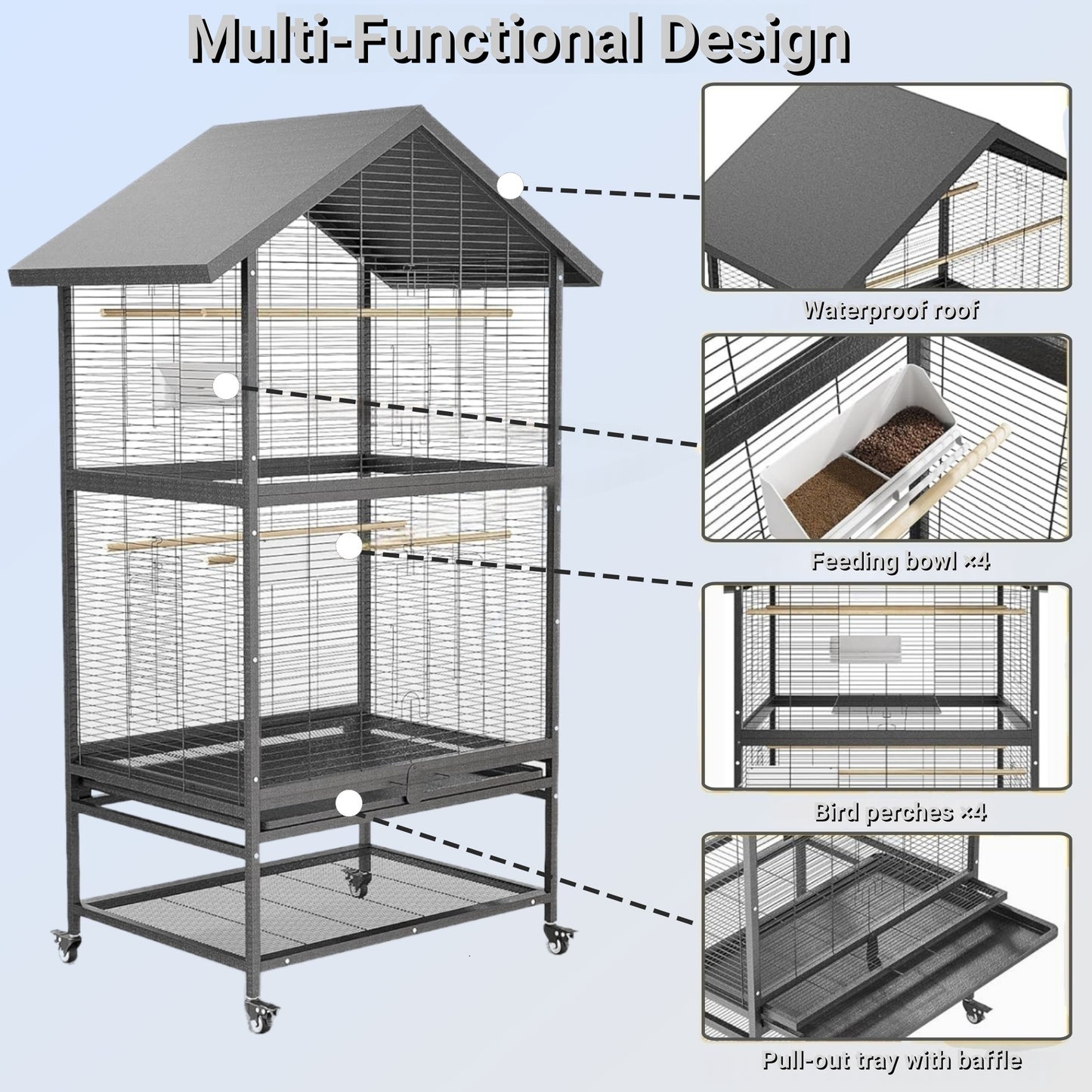 Bird Flight Cage, Wrought Iron Standing Large with Rolling Stand, Slide-Out Tray and Plastic Feeders for Cockatiels Pet Parrot Parakeet Lovebird Canary Finch