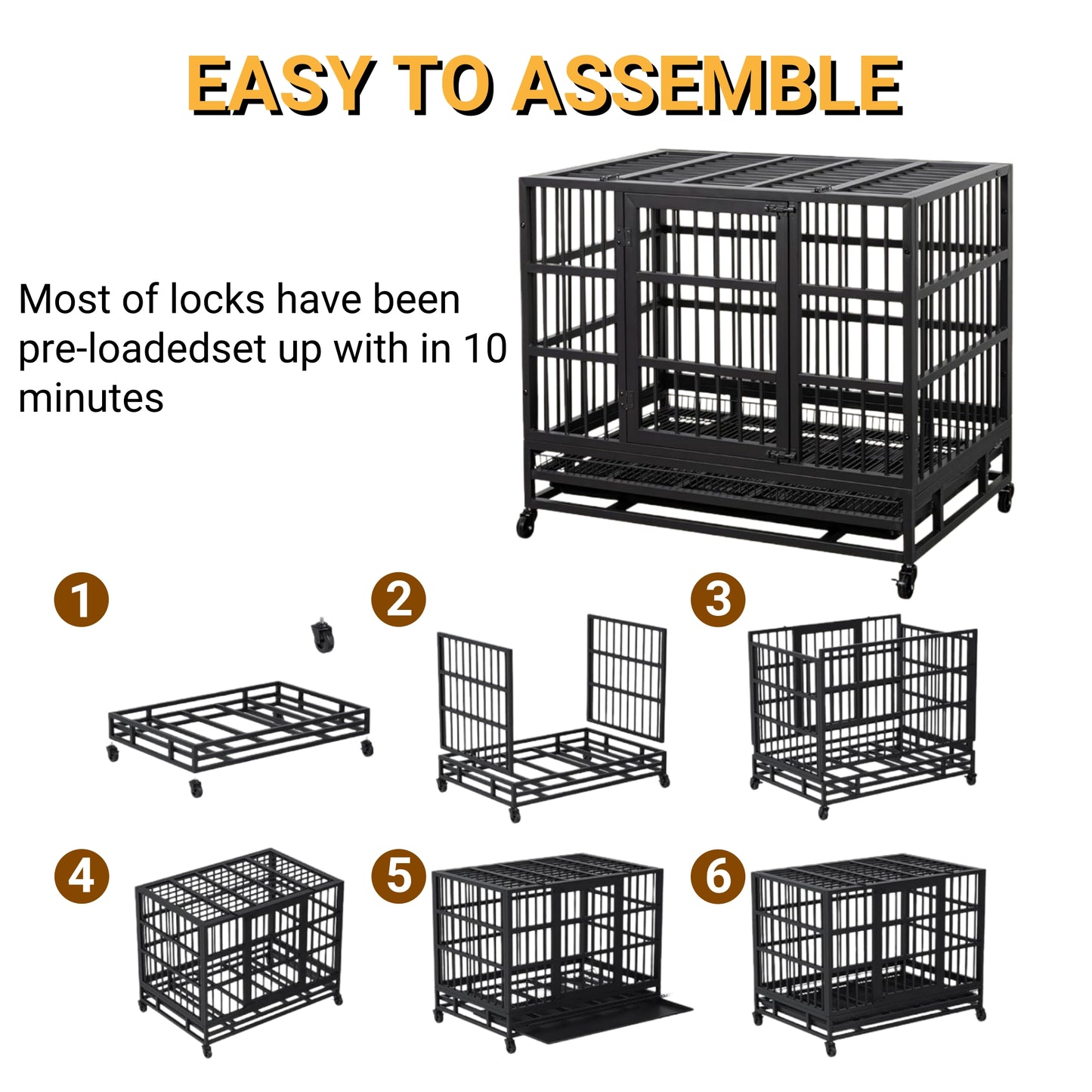48 Inch Heavy Duty Dog Crate with Wheels, Escape Proof Double Door Dog Kennel, High Anxiety Extra Large Dog Cage Indoor Use, with Removable Tray