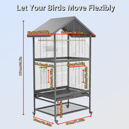 Bird Flight Cage, Wrought Iron Standing Large with Rolling Stand, Slide-Out Tray and Plastic Feeders for Cockatiels Pet Parrot Parakeet Lovebird Canary Finch