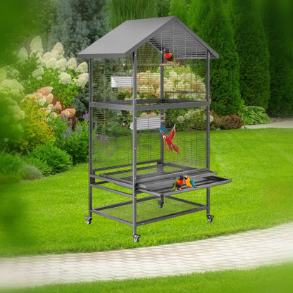 Bird Flight Cage, Wrought Iron Standing Large with Rolling Stand, Slide-Out Tray and Plastic Feeders for Cockatiels Pet Parrot Parakeet Lovebird Canary Finch